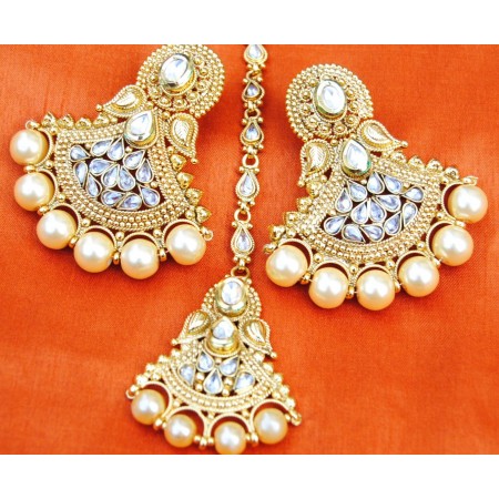 Golden White Polki Diamond Pearl Dangler With Maang Tikka